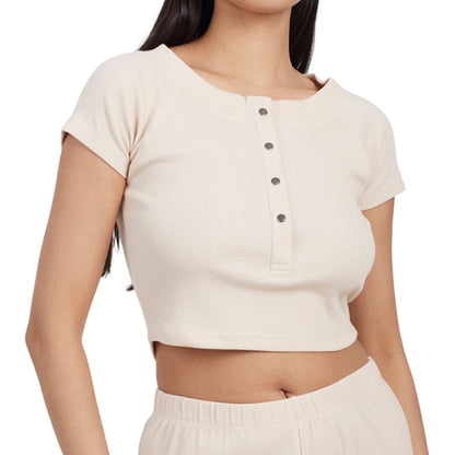 Oatmeal - Side - Brave Soul Womens-Ladies Plain Rib Knit Loungewear Set