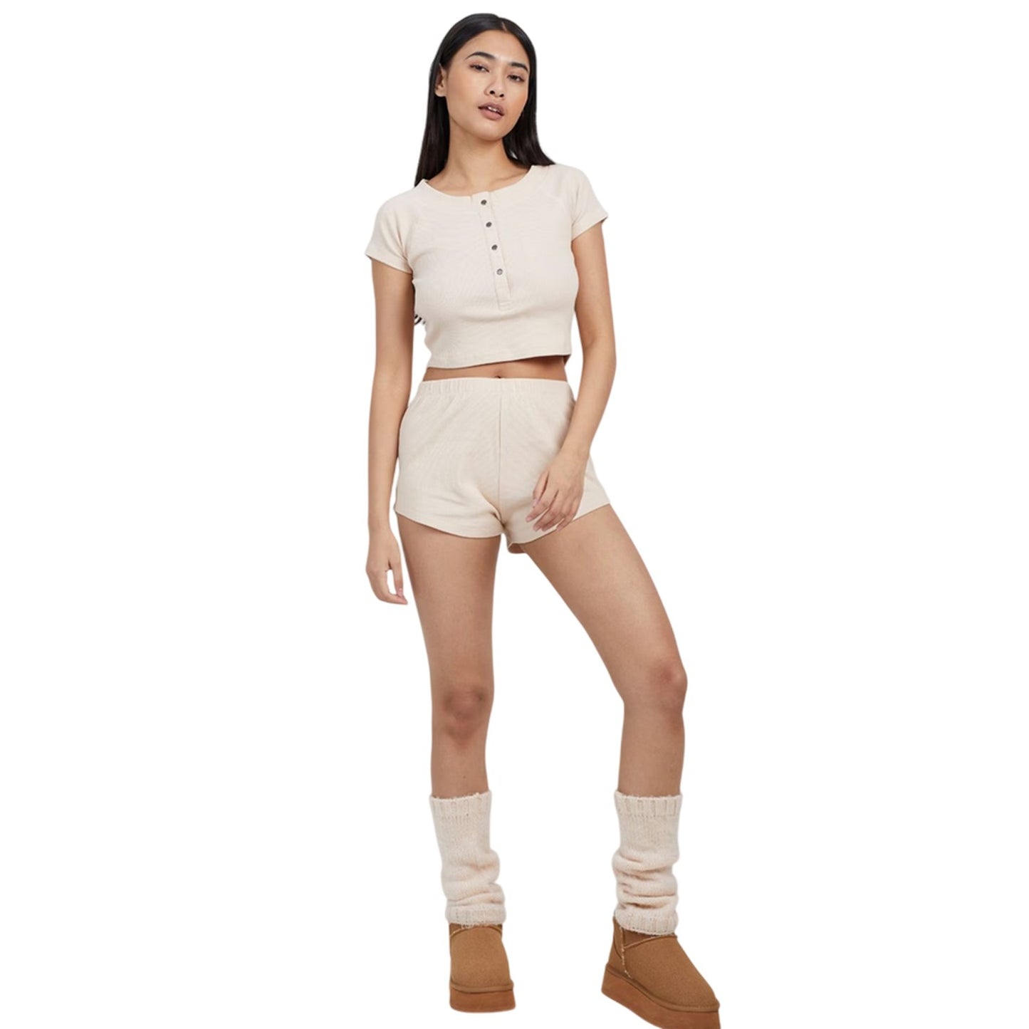 Oatmeal - Lifestyle - Brave Soul Womens-Ladies Plain Rib Knit Loungewear Set