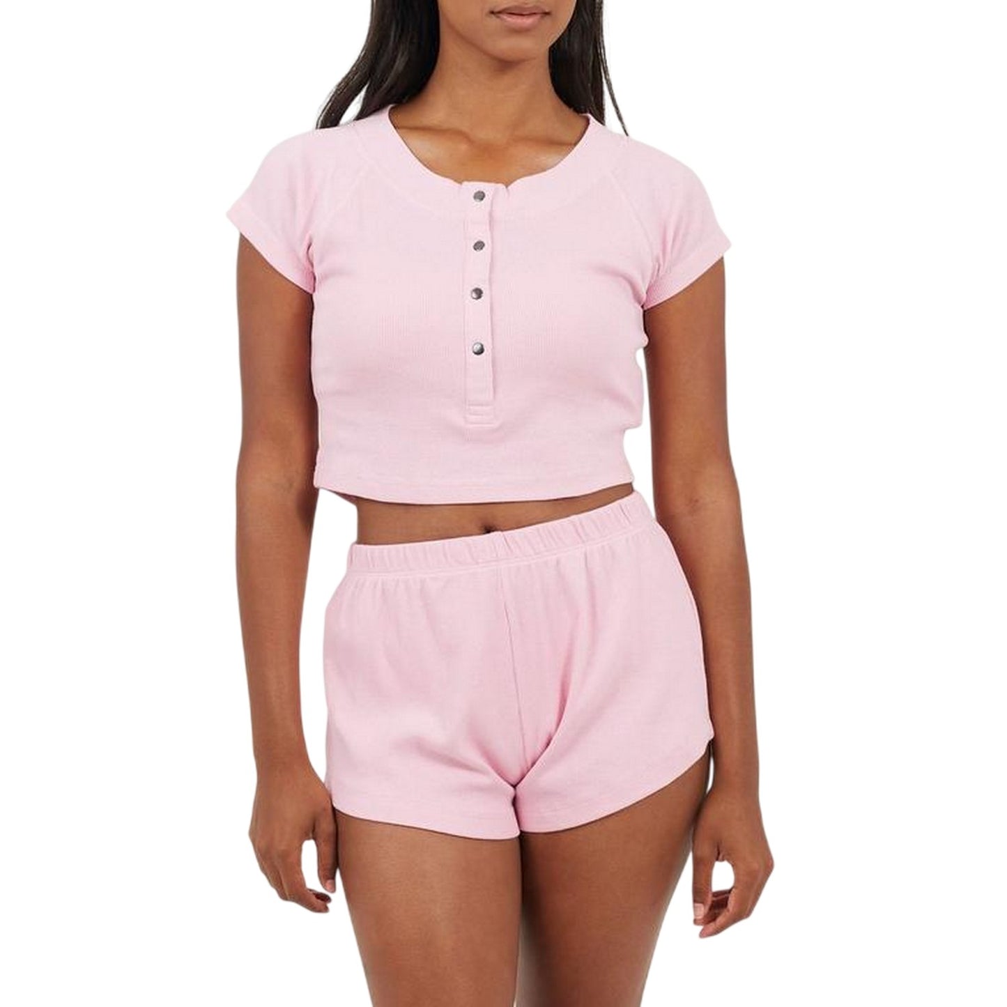 Pink - Front - Brave Soul Womens-Ladies Plain Rib Knit Loungewear Set