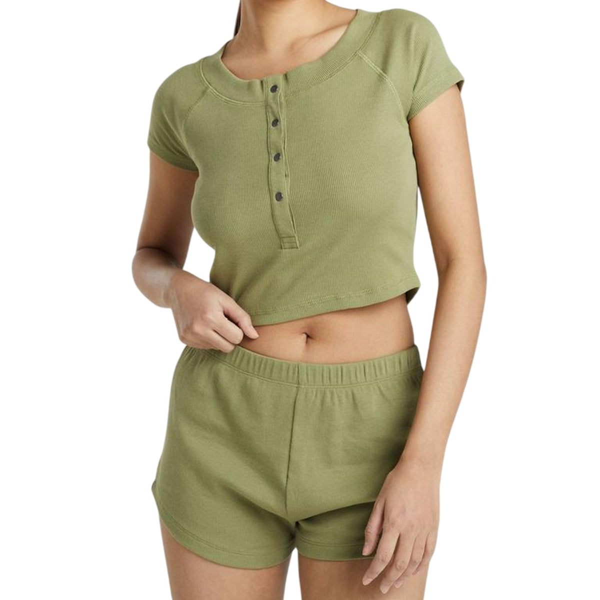 Khaki Green - Front - Brave Soul Womens-Ladies Plain Rib Knit Loungewear Set