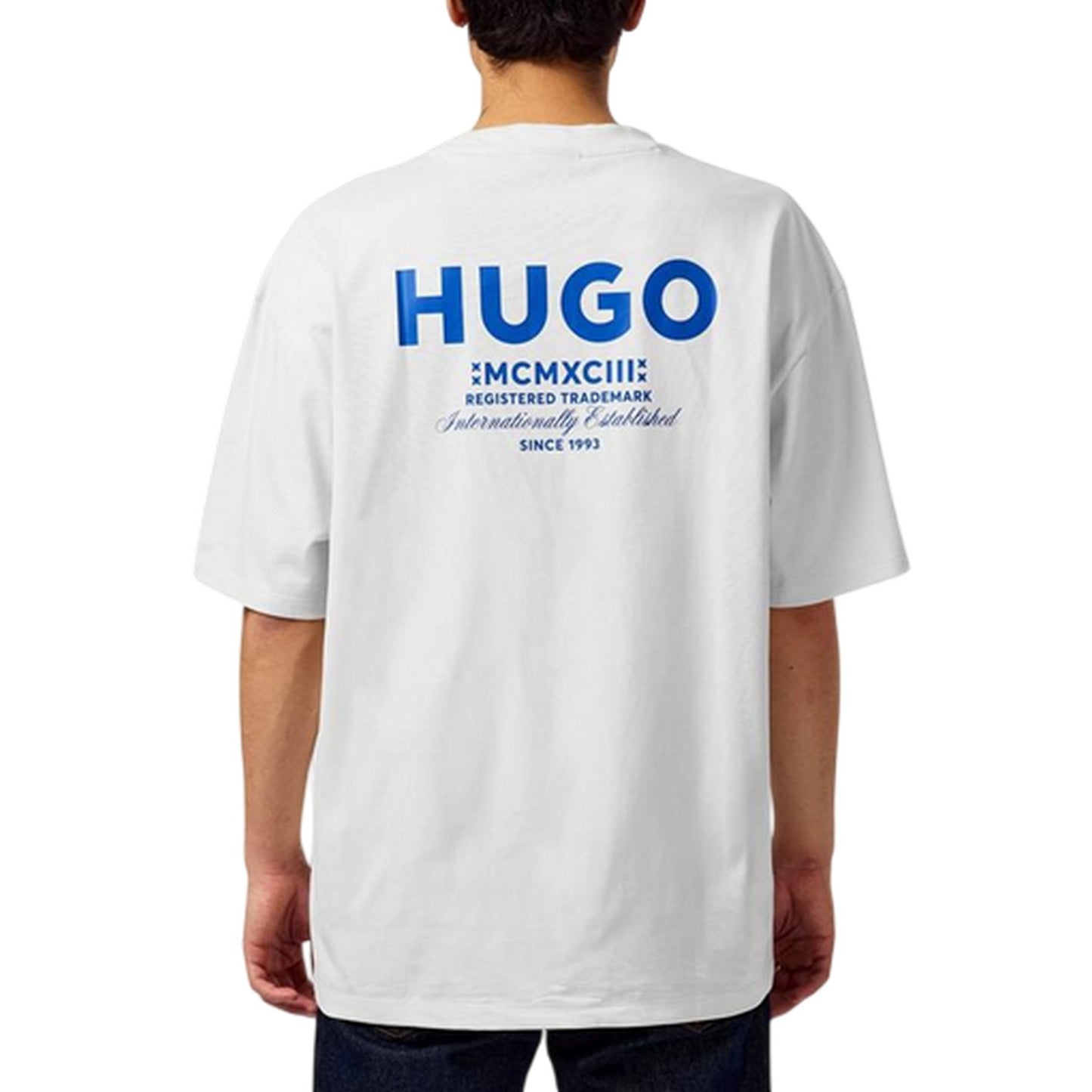 White-Blue - Side - Hugo Mens MCMXCIII Back Print T-Shirt