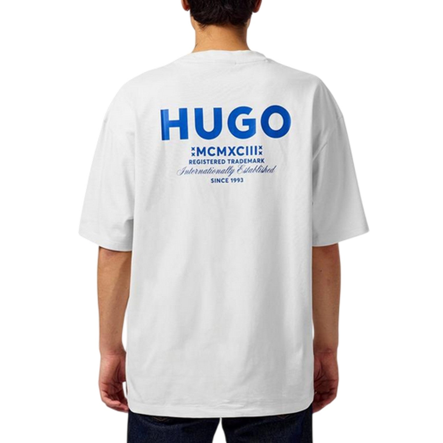 White-Blue - Side - Hugo Mens MCMXCIII Back Print T-Shirt