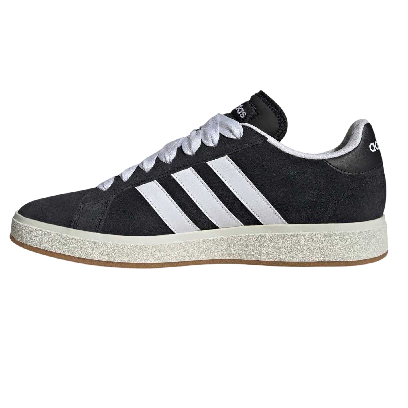 Black-White - Side - Adidas Mens Grand Court 3 Stripes Suede Flat Trainers