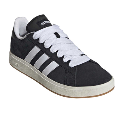Black-White - Pack Shot - Adidas Mens Grand Court 3 Stripes Suede Flat Trainers