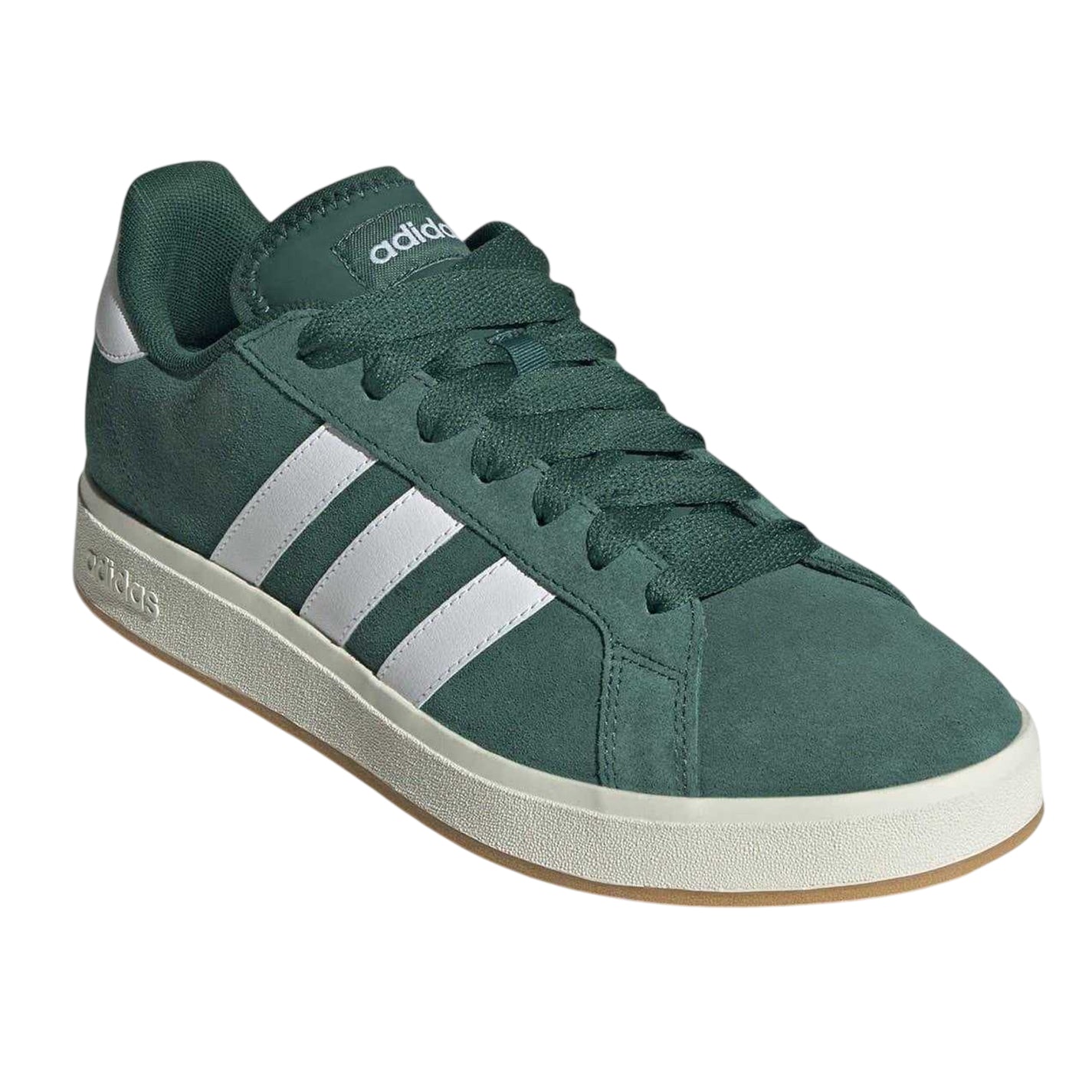 Green-White - Pack Shot - Adidas Mens Grand Court 3 Stripes Suede Flat Trainers