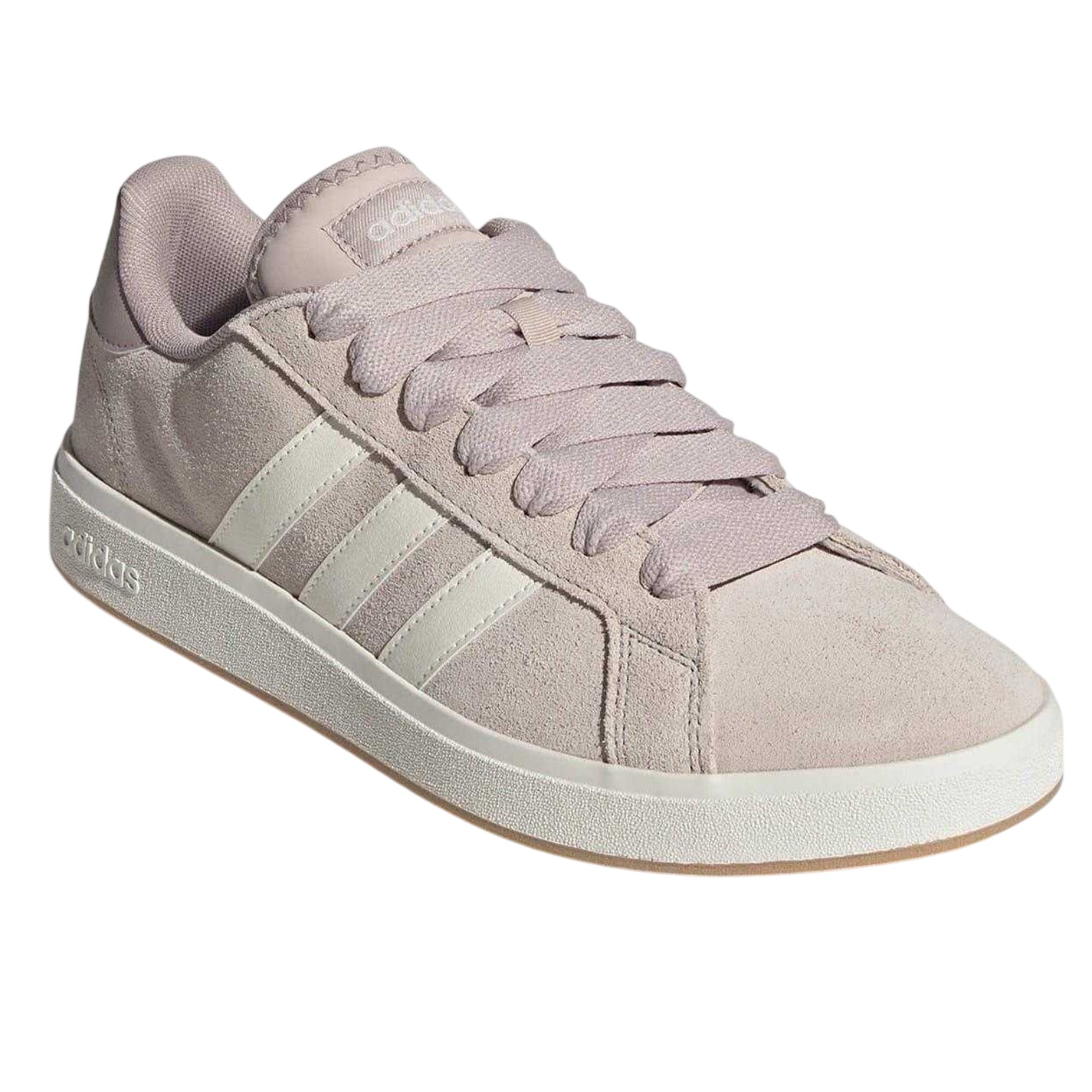 Taupe-White - Pack Shot - Adidas Mens Grand Court 3 Stripes Suede Flat Trainers
