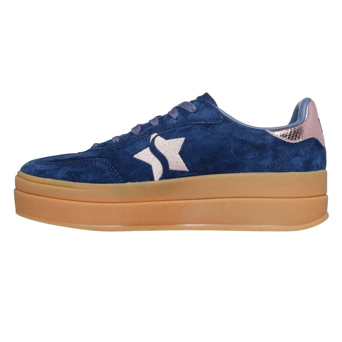 Navy-Pink - Side - Skechers Womens-Ladies Suede Platform Trainers