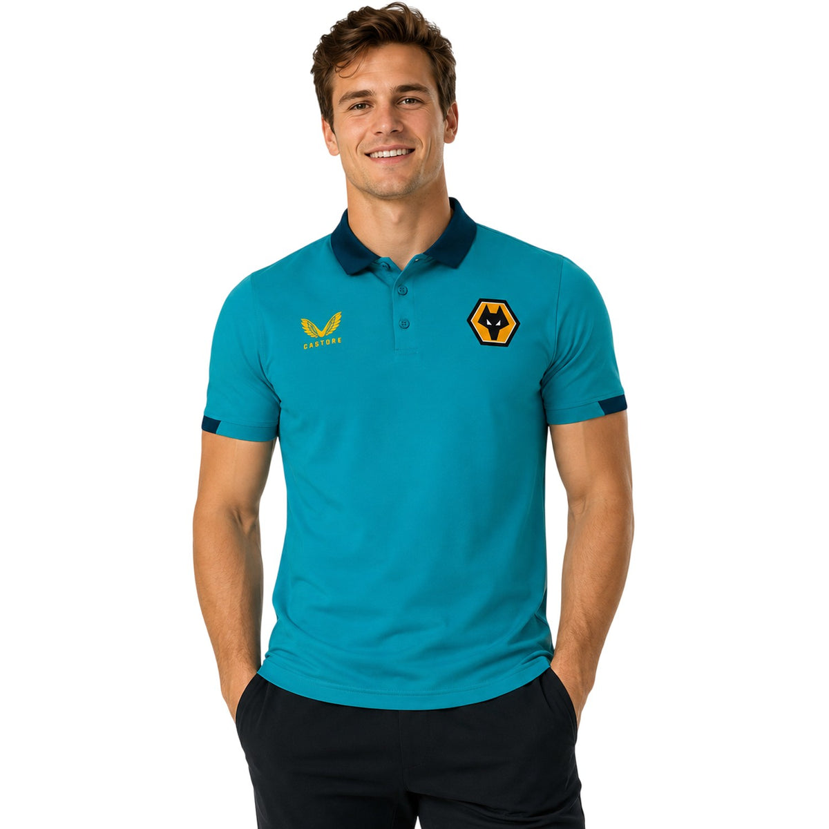 Viridian Green-Bay Green - Side - Castore Mens Wolverhampton Wanderers FC Travel Polo Shirt