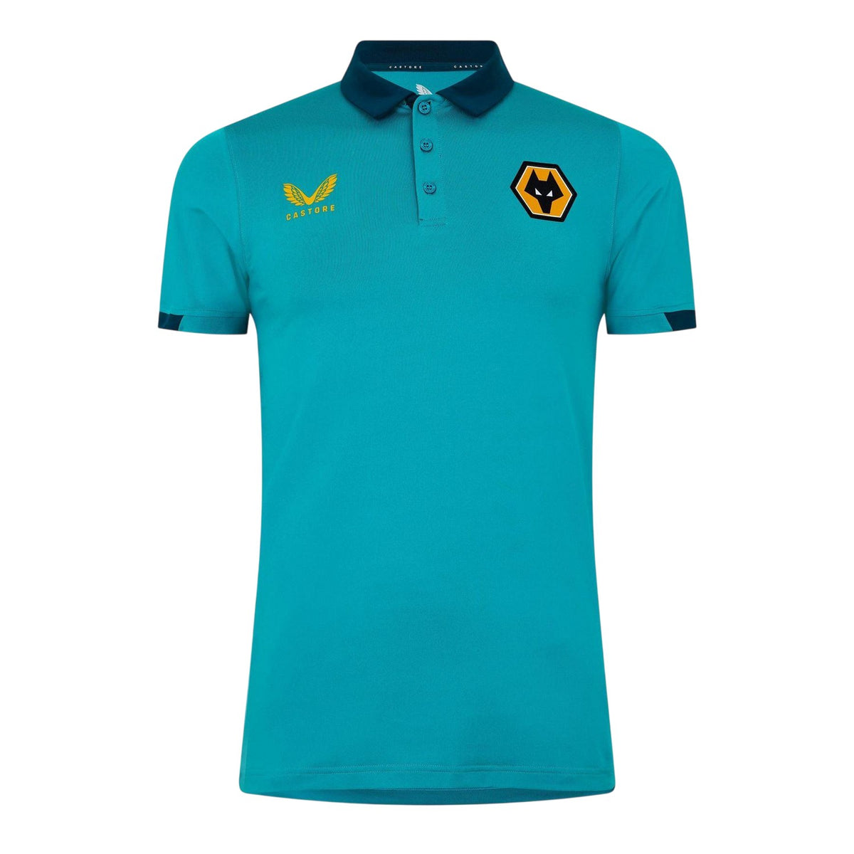 Viridian Green-Bay Green - Front - Castore Mens Wolverhampton Wanderers FC Travel Polo Shirt