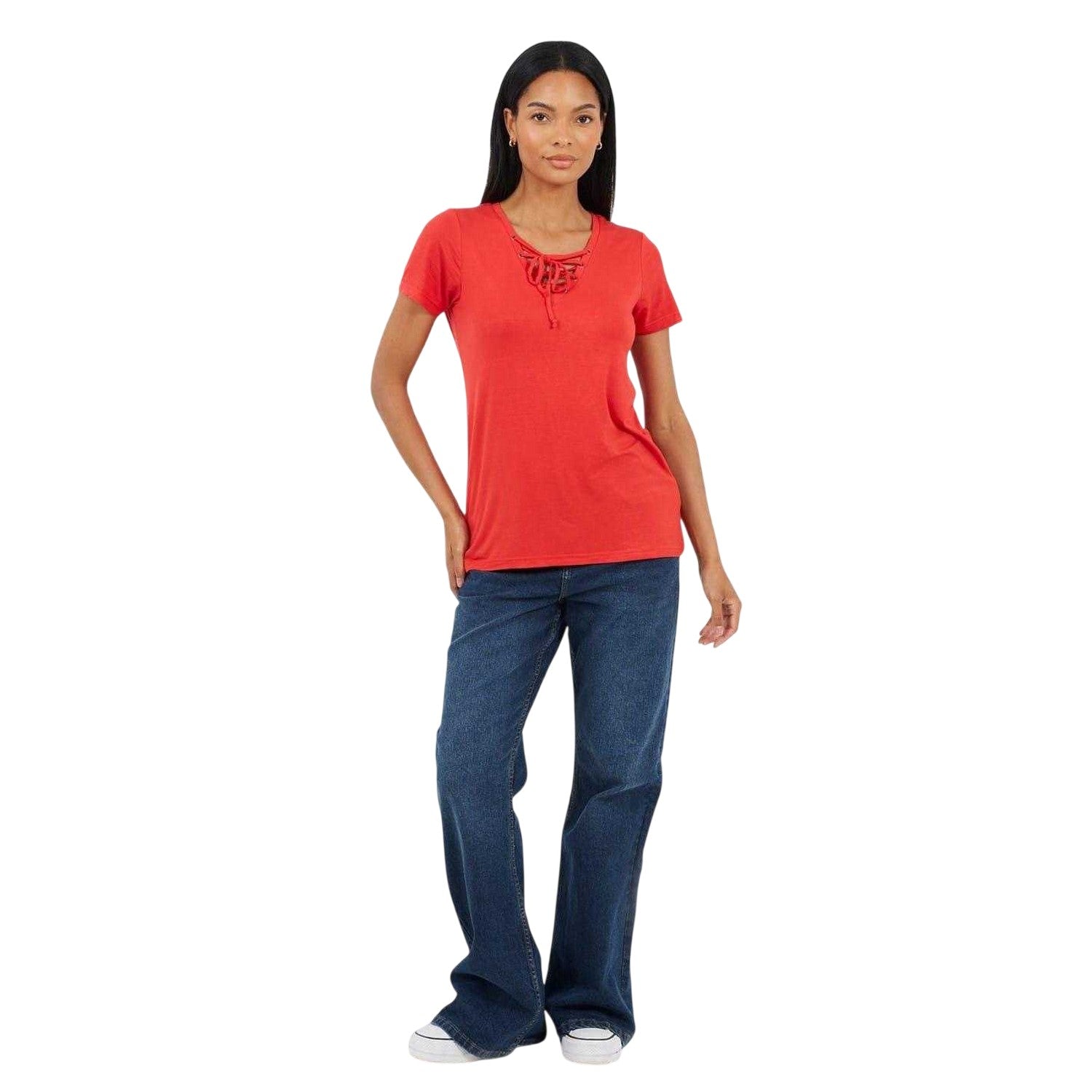 True Red - Side - Brave Soul Womens-Ladies Plain Lace Up T-Shirt