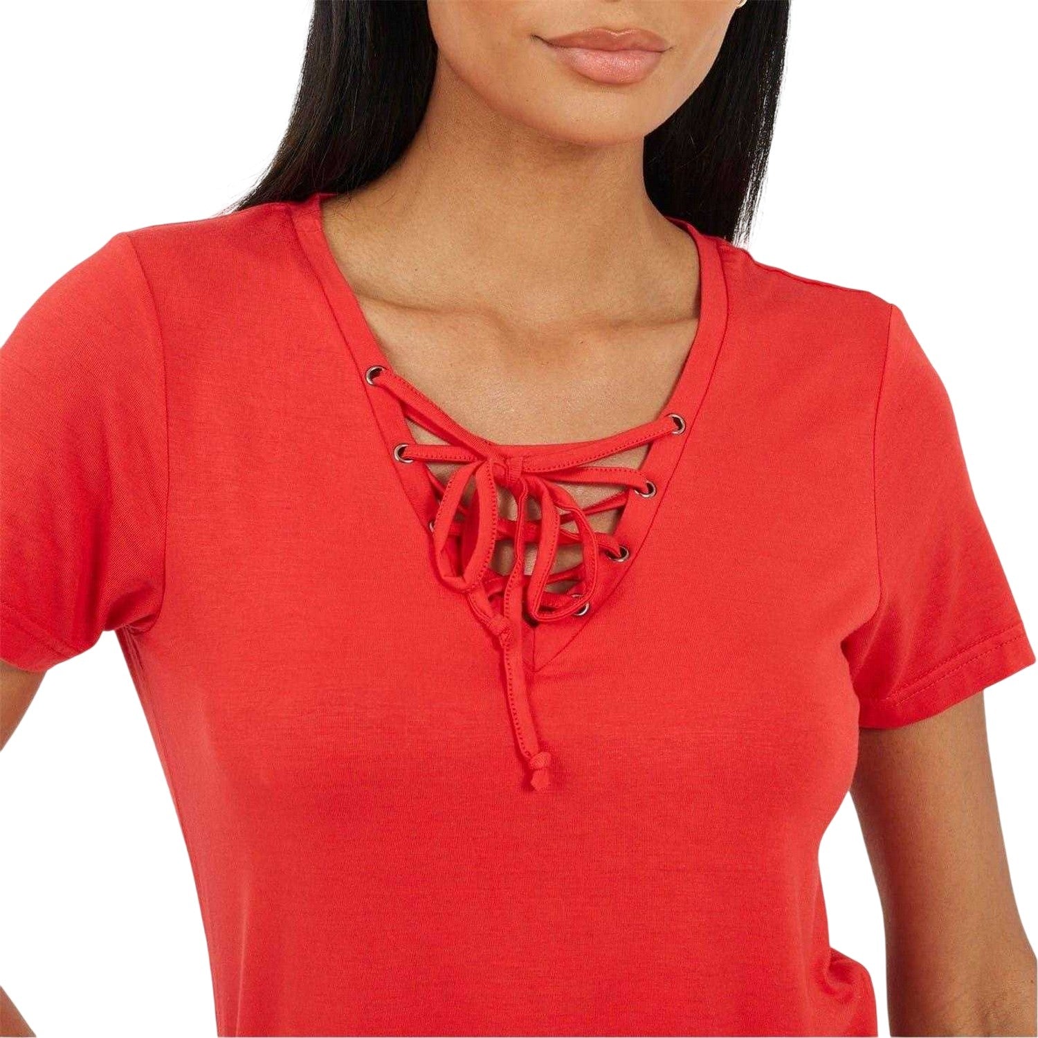 True Red - Lifestyle - Brave Soul Womens-Ladies Plain Lace Up T-Shirt