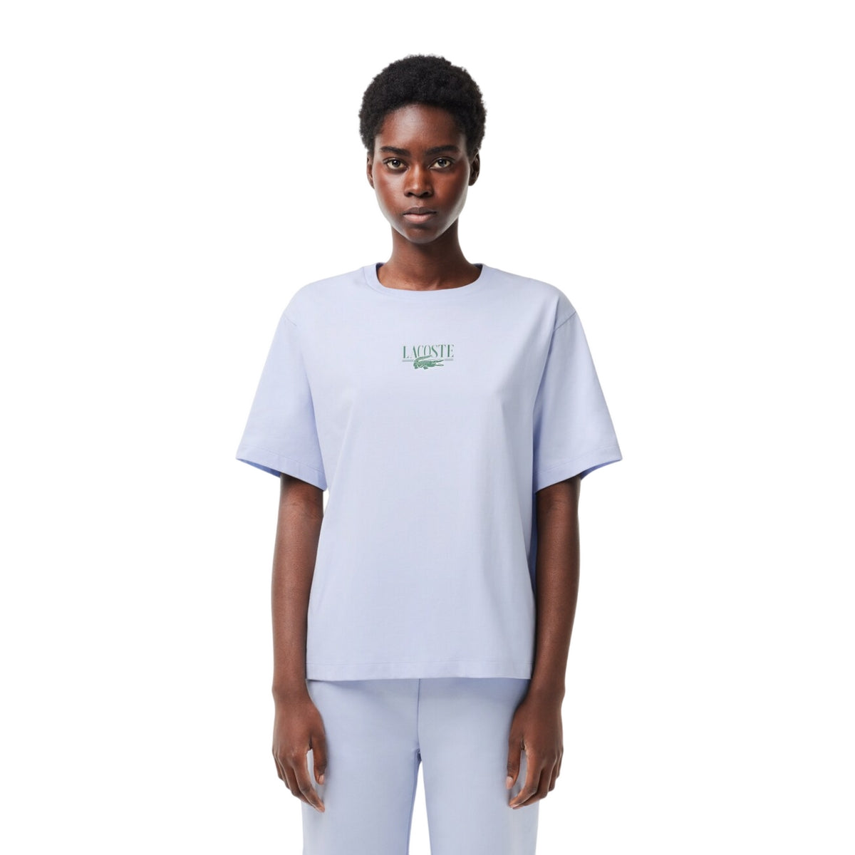 Blue - Side - Lacoste Womens-Ladies Printed Cotton Relaxed Fit T-Shirt