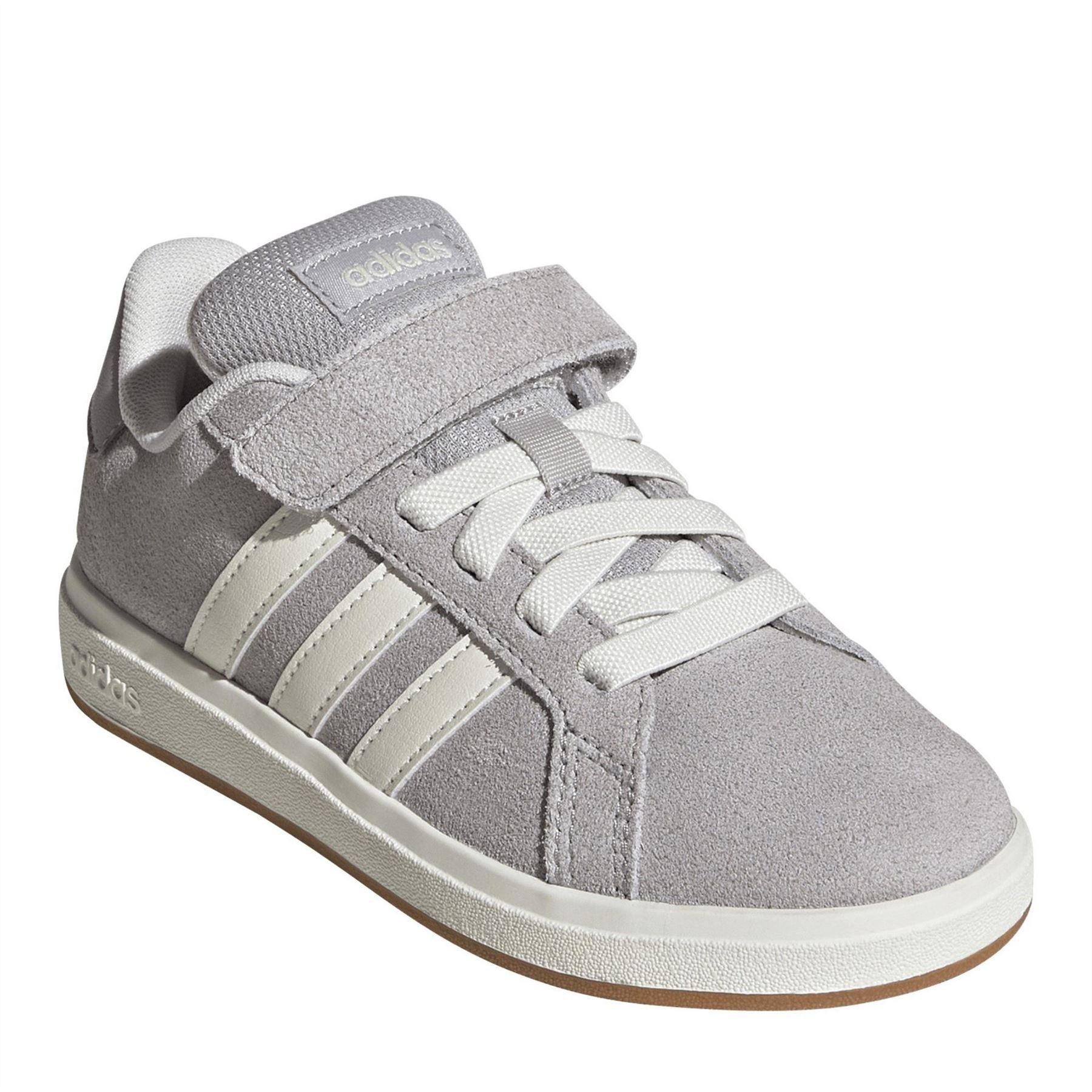 Grey - Side - Adidas Childrens-Kids Noughties Suede Court Trainers