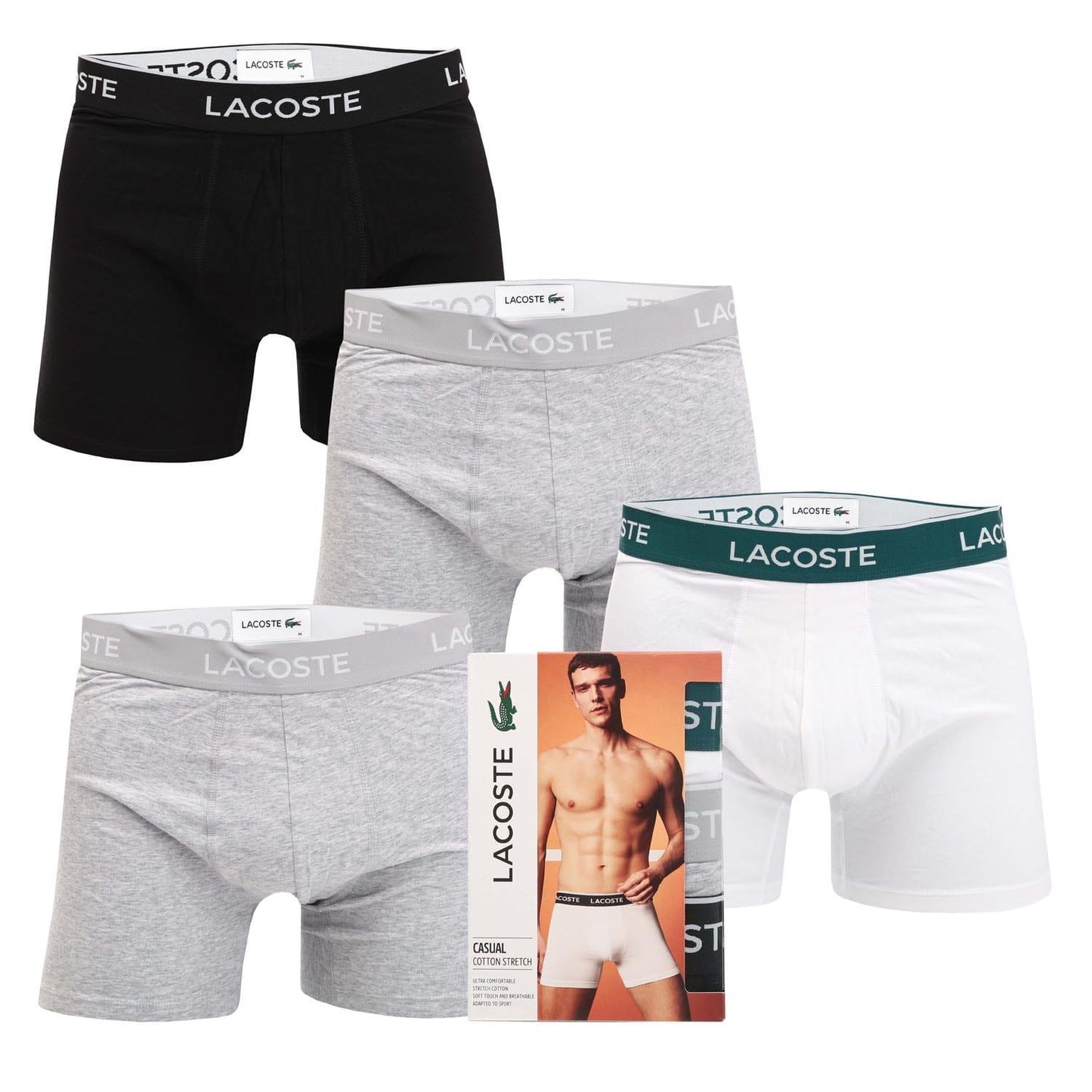 Black-Grey-White - Back - Lacoste Mens Cotton Stretch Boxer Shorts (Pack of 3)
