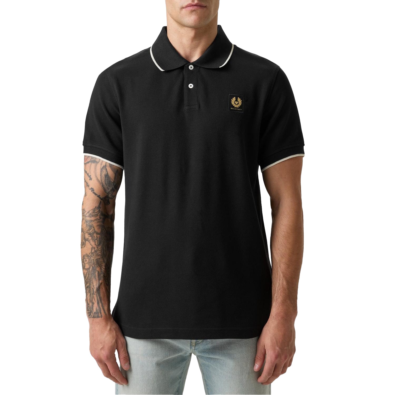 Black - Side - Belstaff Mens Logo Tipped Short-Sleeved Polo Shirt
