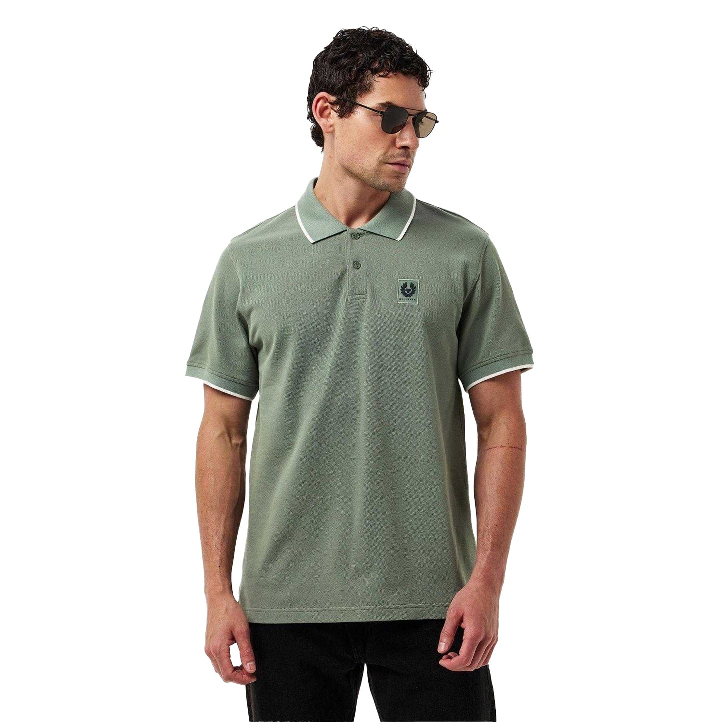 Sage Green - Side - Belstaff Mens Logo Tipped Short-Sleeved Polo Shirt