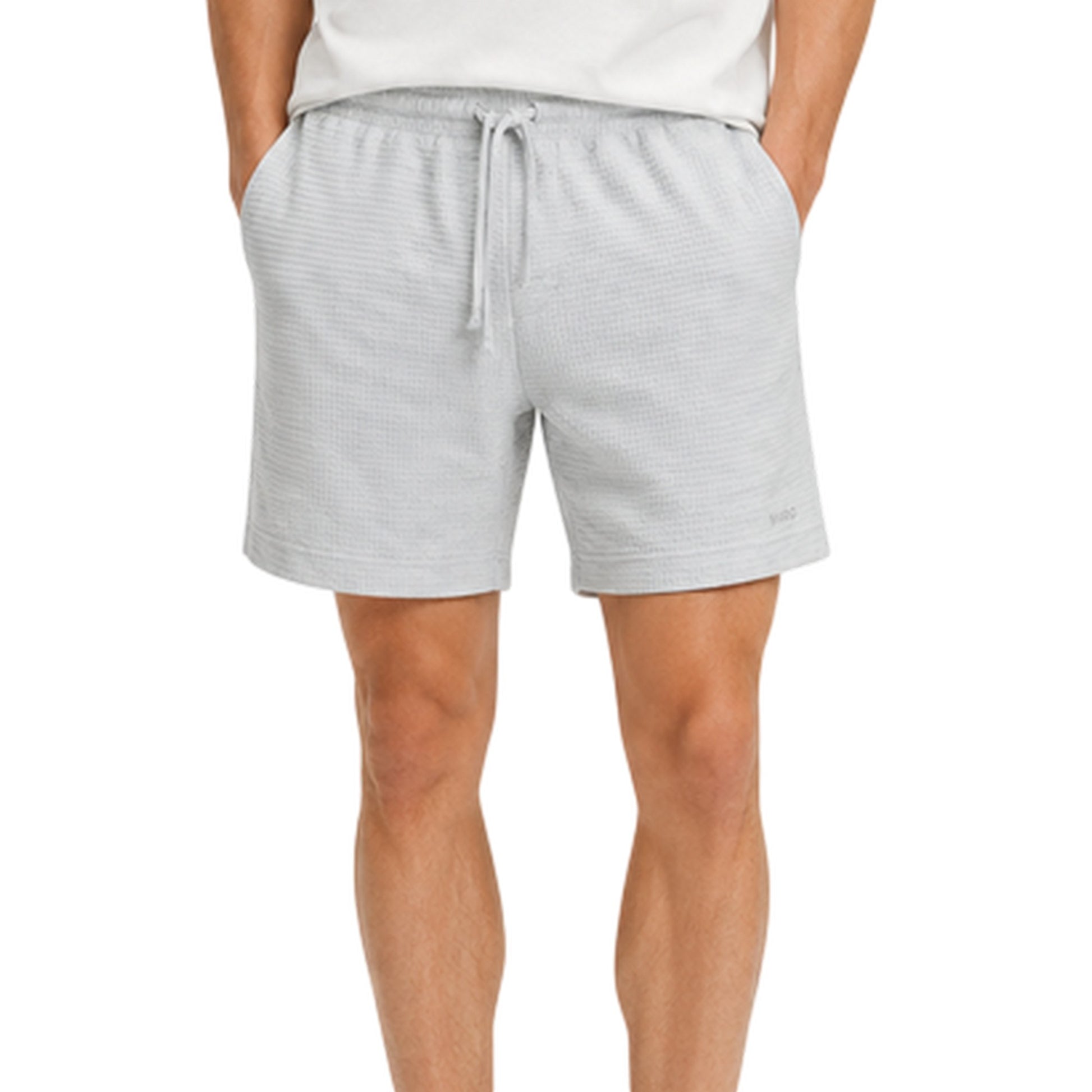 Grey - Side - Hugo Mens Waffle Structured Pyjama Shorts