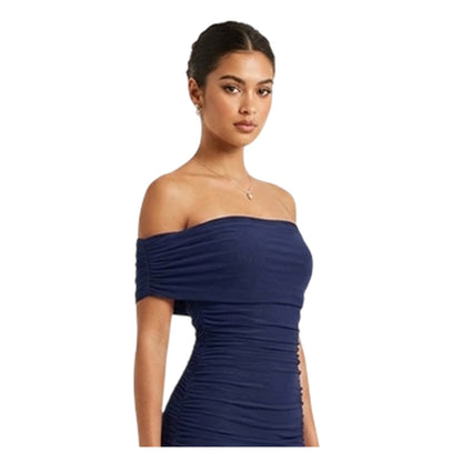 Navy - Side - Biba Womens-Ladies Ruched Off Shoulder Bodycon Midi Dress