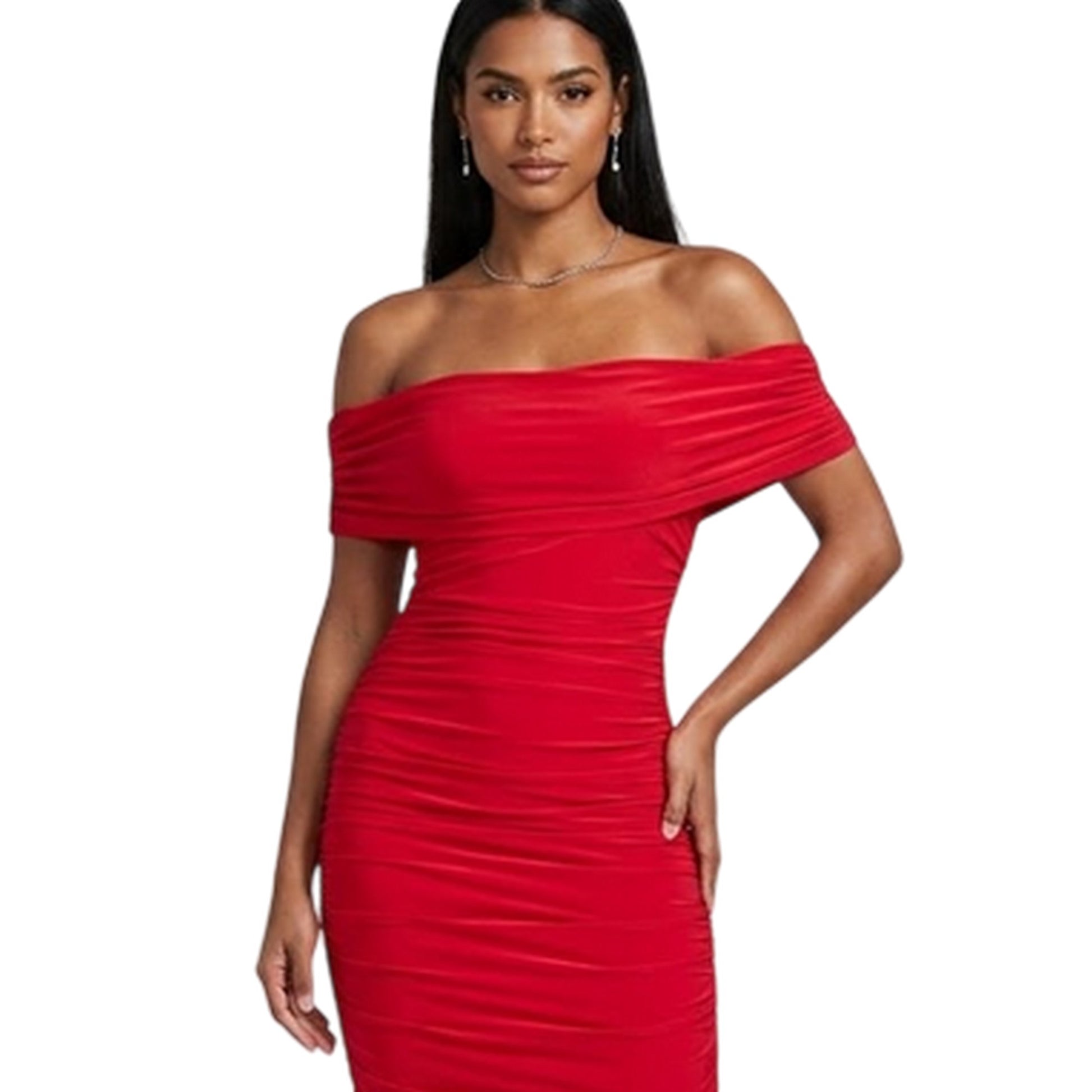 Red - Side - Biba Womens-Ladies Ruched Off Shoulder Bodycon Midi Dress