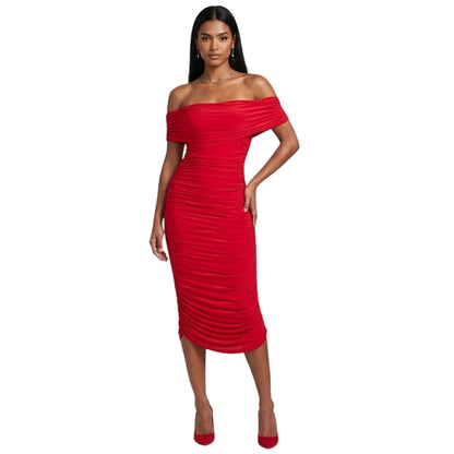 Red - Lifestyle - Biba Womens-Ladies Ruched Off Shoulder Bodycon Midi Dress