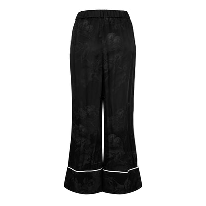 Black - Back - Off White Womens-Ladies Floral Pattern Wide Leg Pyjama Bottoms