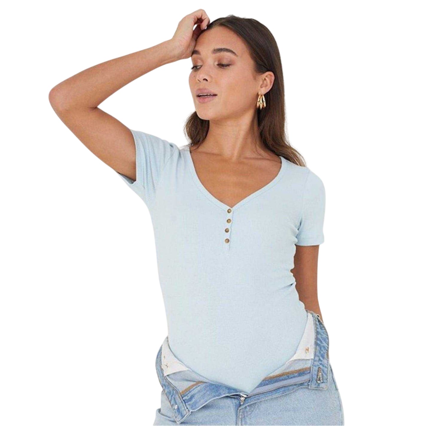 Powder Blue - Side - Brave Soul Womens-Ladies Button Detail Bodysuit