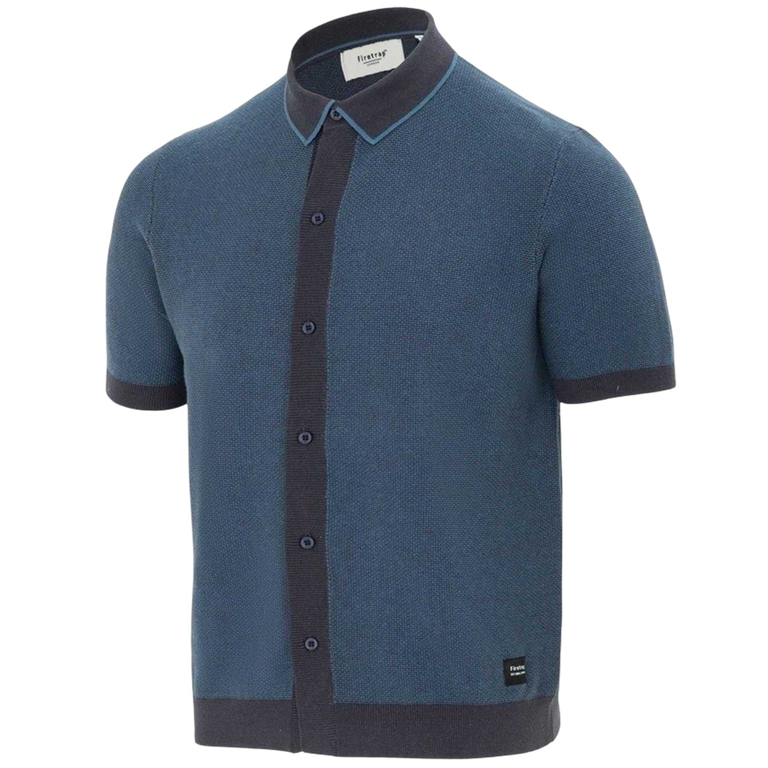 Navy - Side - Firetrap Mens Knitted Short-Sleeved Shirt