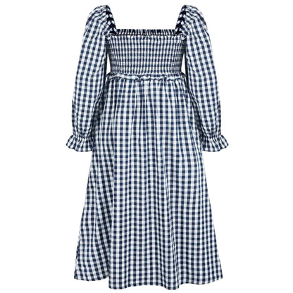 Navy-White - Back - Miso Womens-Ladies Gingham Long-Sleeved Midi Dress
