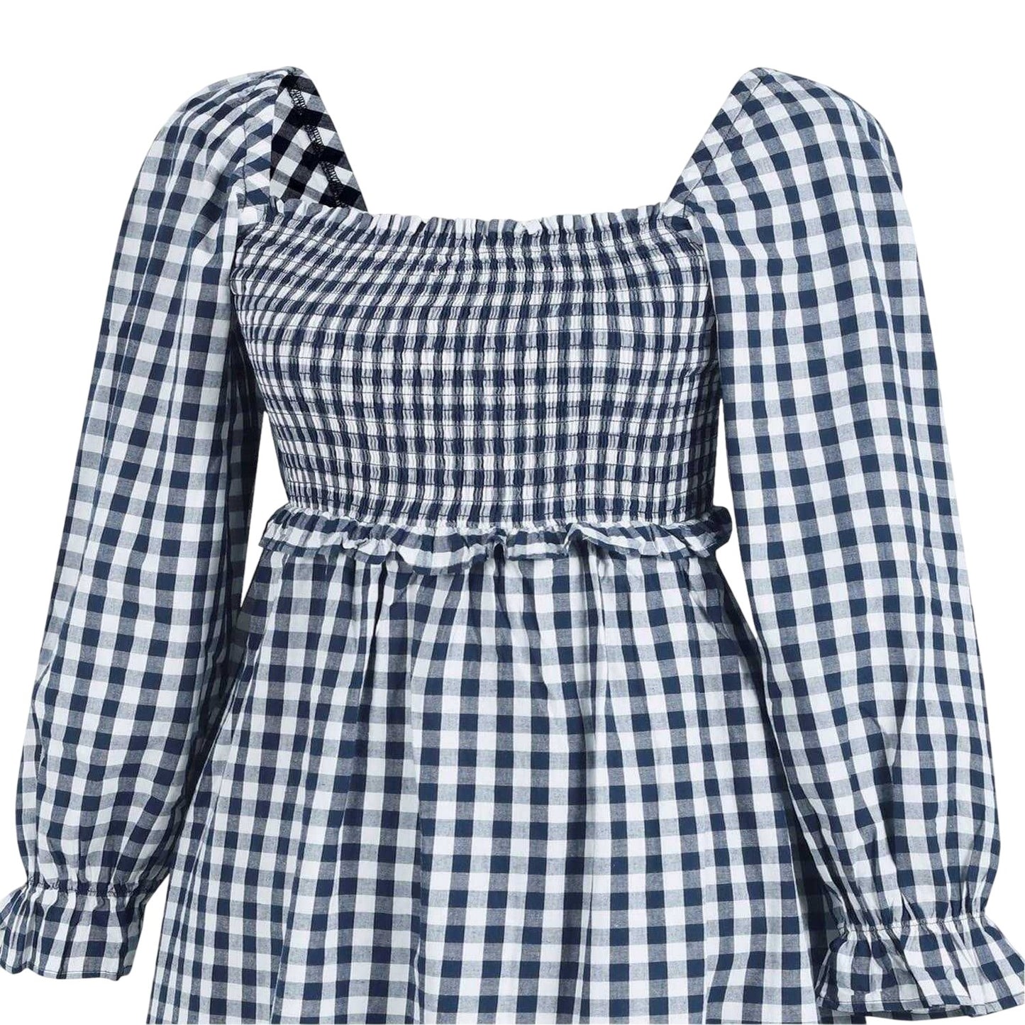 Navy-White - Side - Miso Womens-Ladies Gingham Long-Sleeved Midi Dress