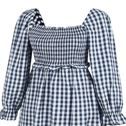 Navy-White - Side - Miso Womens-Ladies Gingham Long-Sleeved Midi Dress
