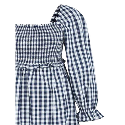 Navy-White - Lifestyle - Miso Womens-Ladies Gingham Long-Sleeved Midi Dress