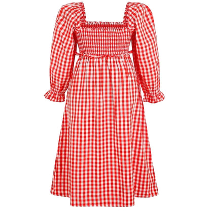 Red-White - Back - Miso Womens-Ladies Gingham Long-Sleeved Midi Dress