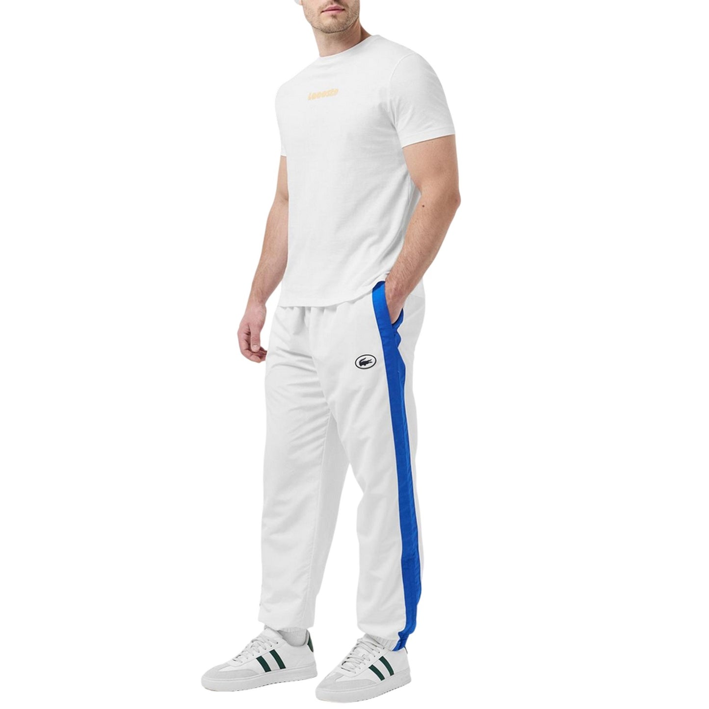 White - Close up - Lacoste Mens Side Stripe Straight Tracksuit Bottoms