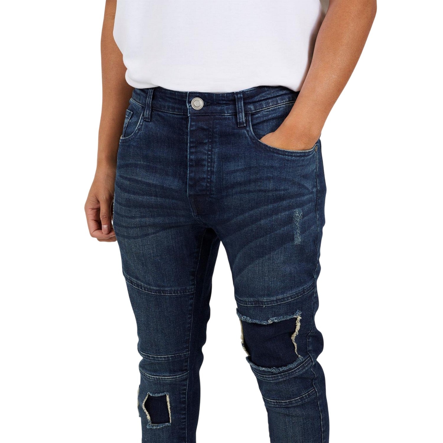 Dark Blue - Side - Brave Soul Mens Denim Biker Slim Jeans