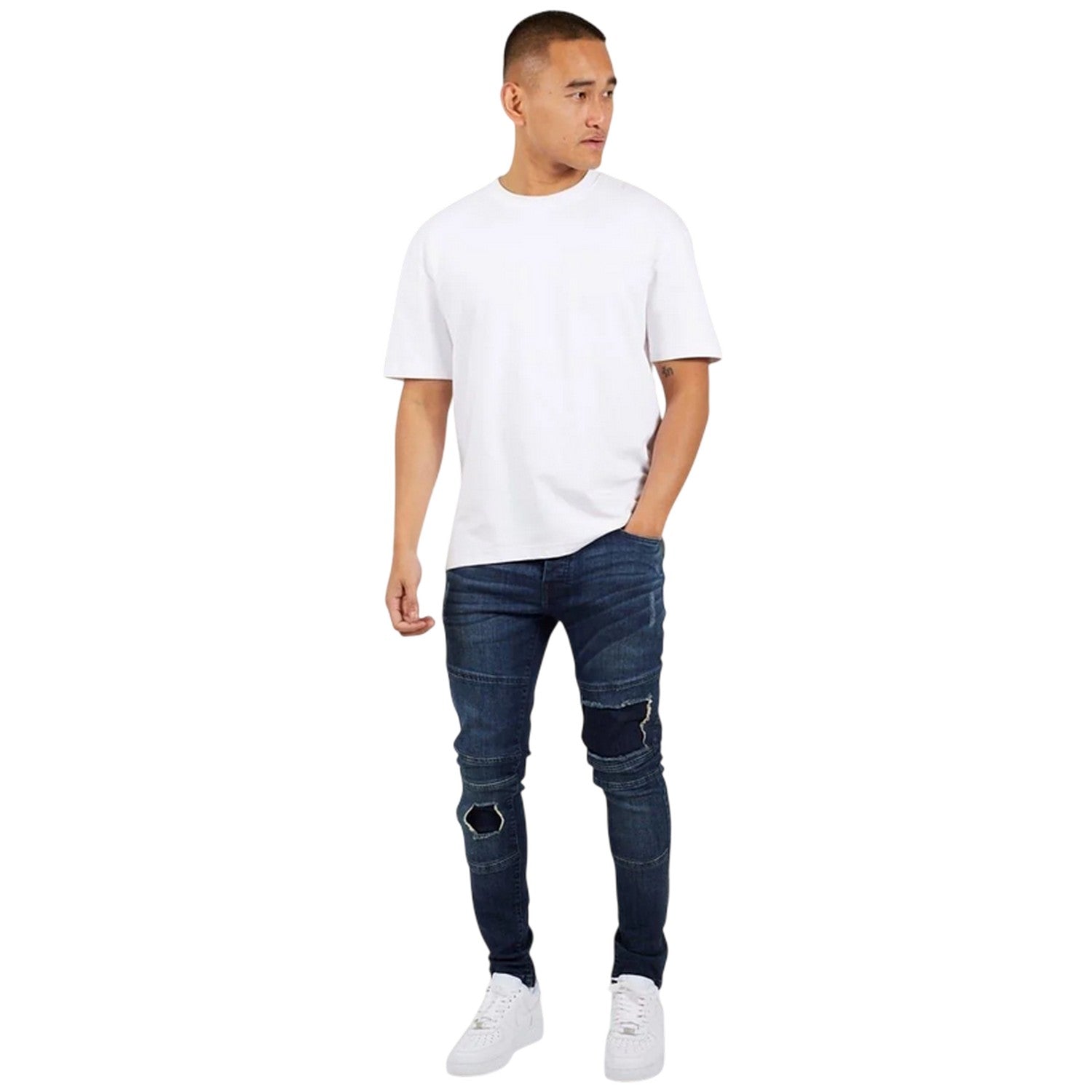 Dark Blue - Pack Shot - Brave Soul Mens Denim Biker Slim Jeans