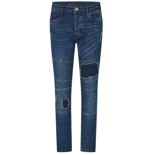 Dark Blue - Front - Brave Soul Mens Denim Biker Slim Jeans