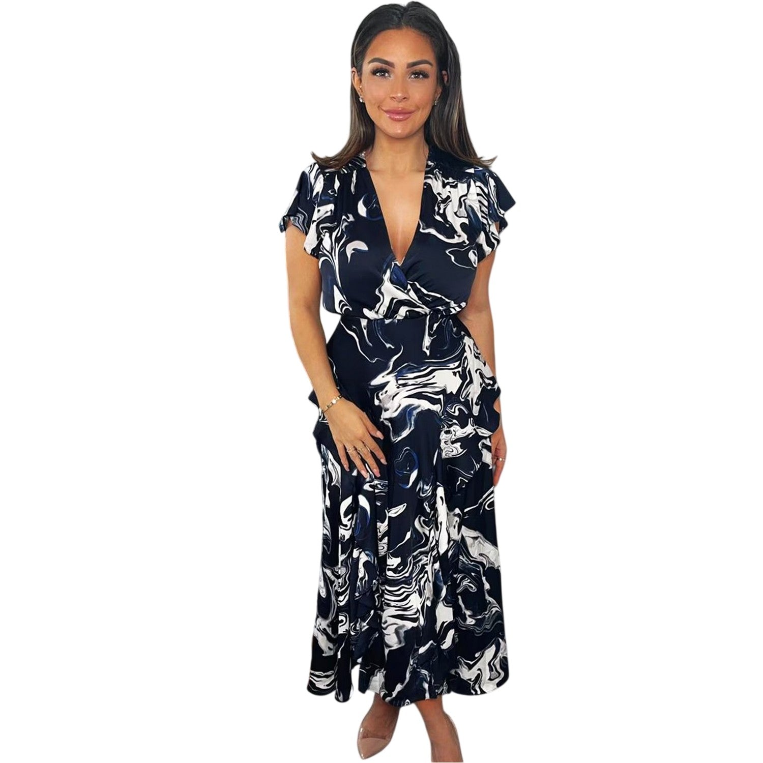 Navy - Front - AX Paris Womens-Ladies Marble Polyester Wrap Dress