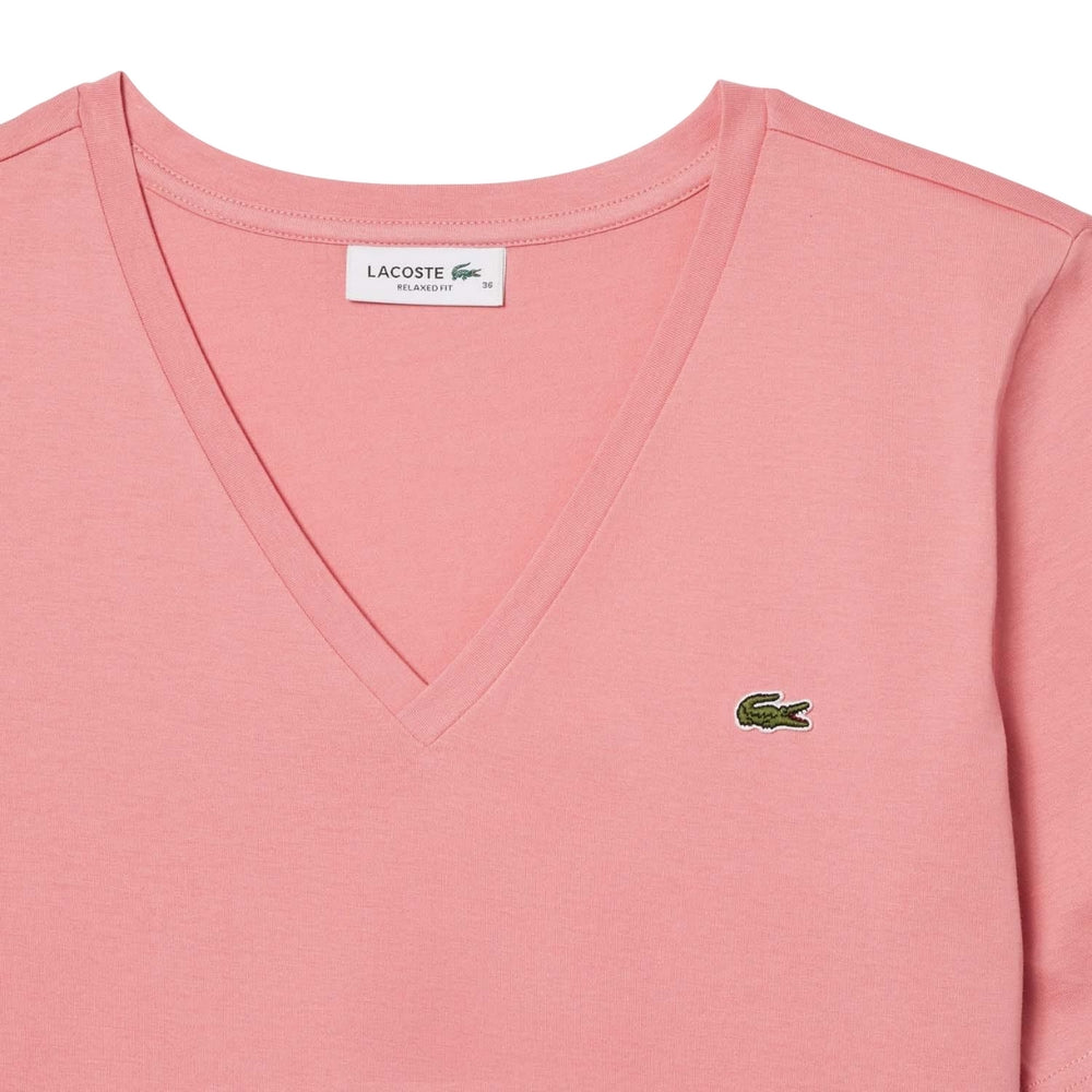Pink - Back - Lacoste Womens-Ladies Cotton V Neck Relaxed Fit T-Shirt