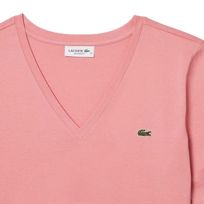 Pink - Back - Lacoste Womens-Ladies Cotton V Neck Relaxed Fit T-Shirt