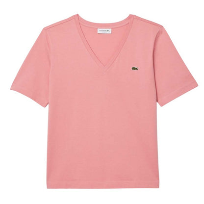 Pink - Front - Lacoste Womens-Ladies Cotton V Neck Relaxed Fit T-Shirt