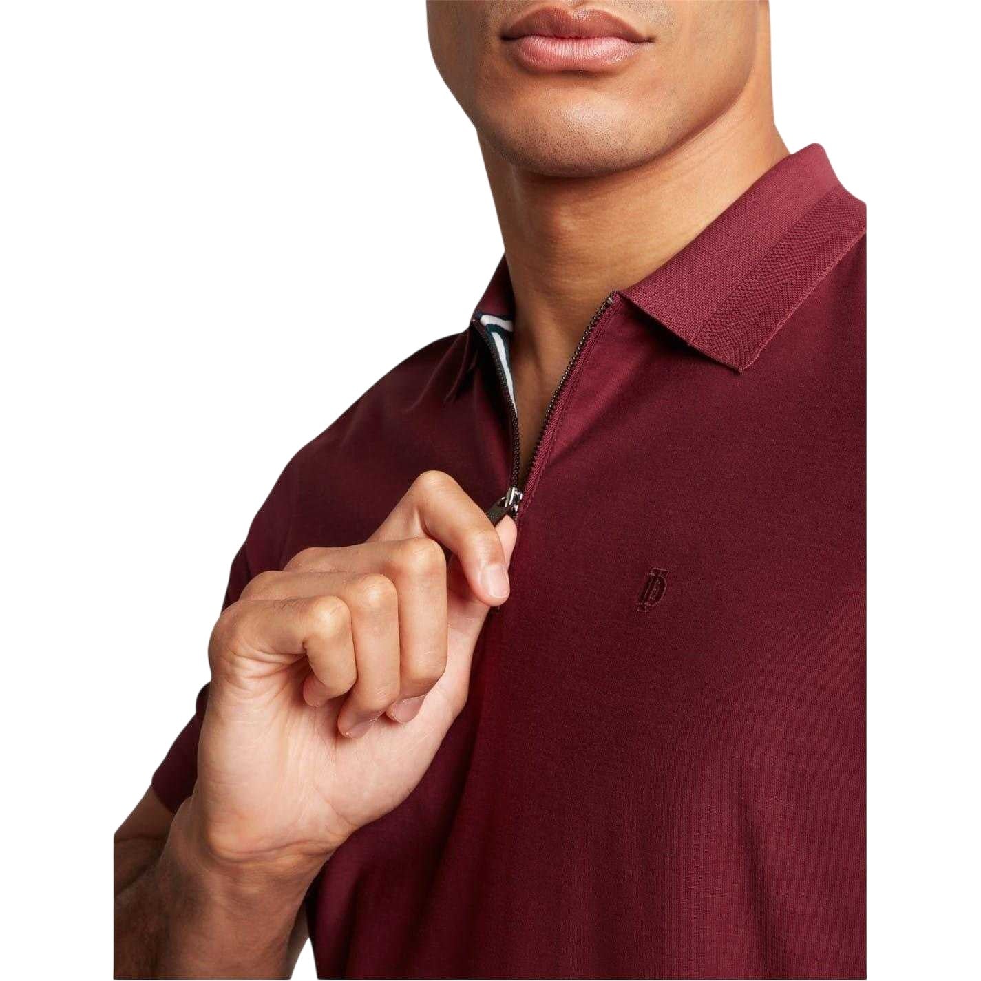 Maroon - Side - Ted Baker Mens Textured Quarter Zip Polo Shirt