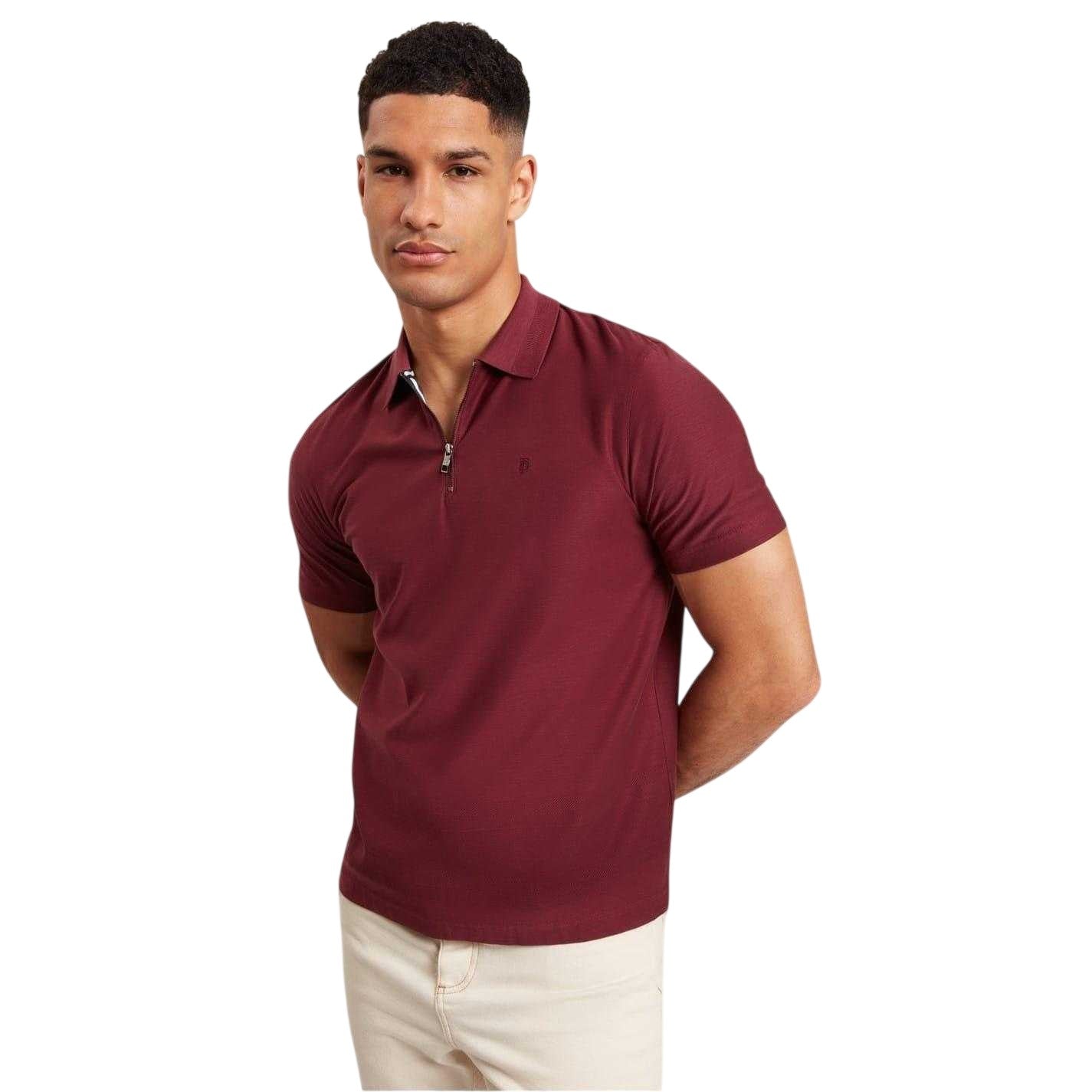 Maroon - Lifestyle - Ted Baker Mens Textured Quarter Zip Polo Shirt