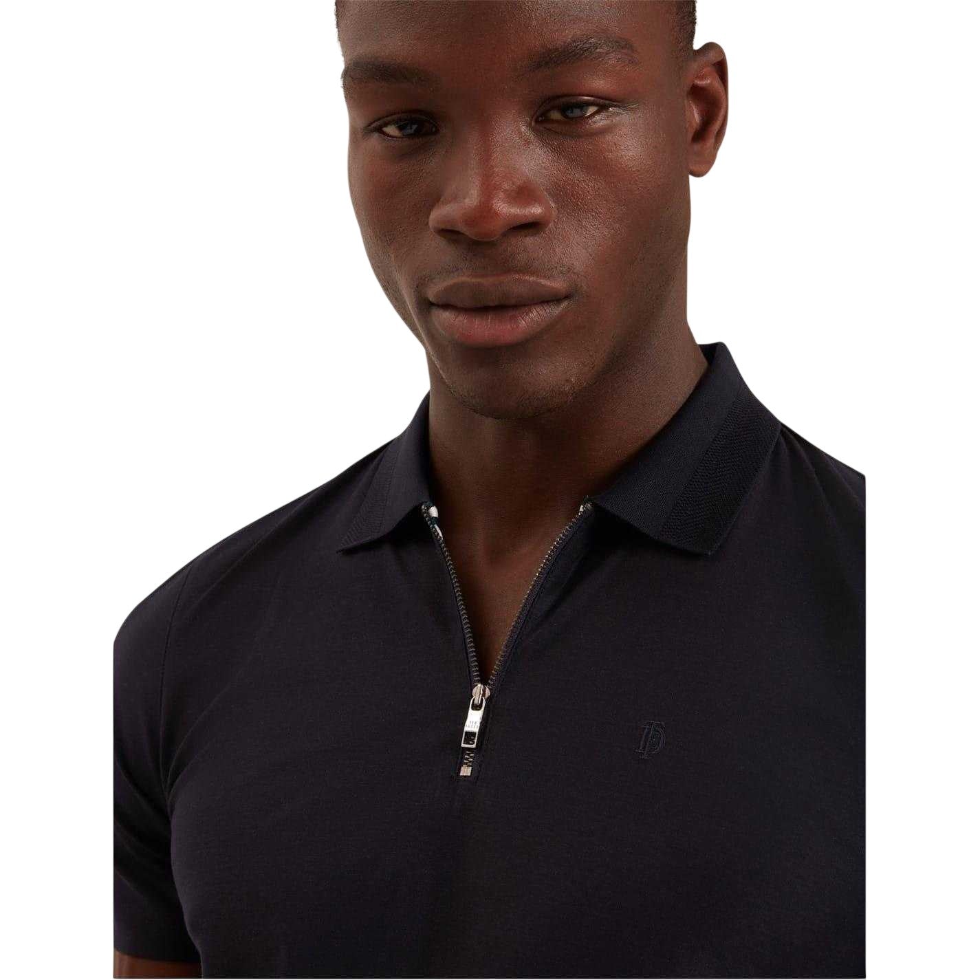 Navy - Side - Ted Baker Mens Textured Quarter Zip Polo Shirt