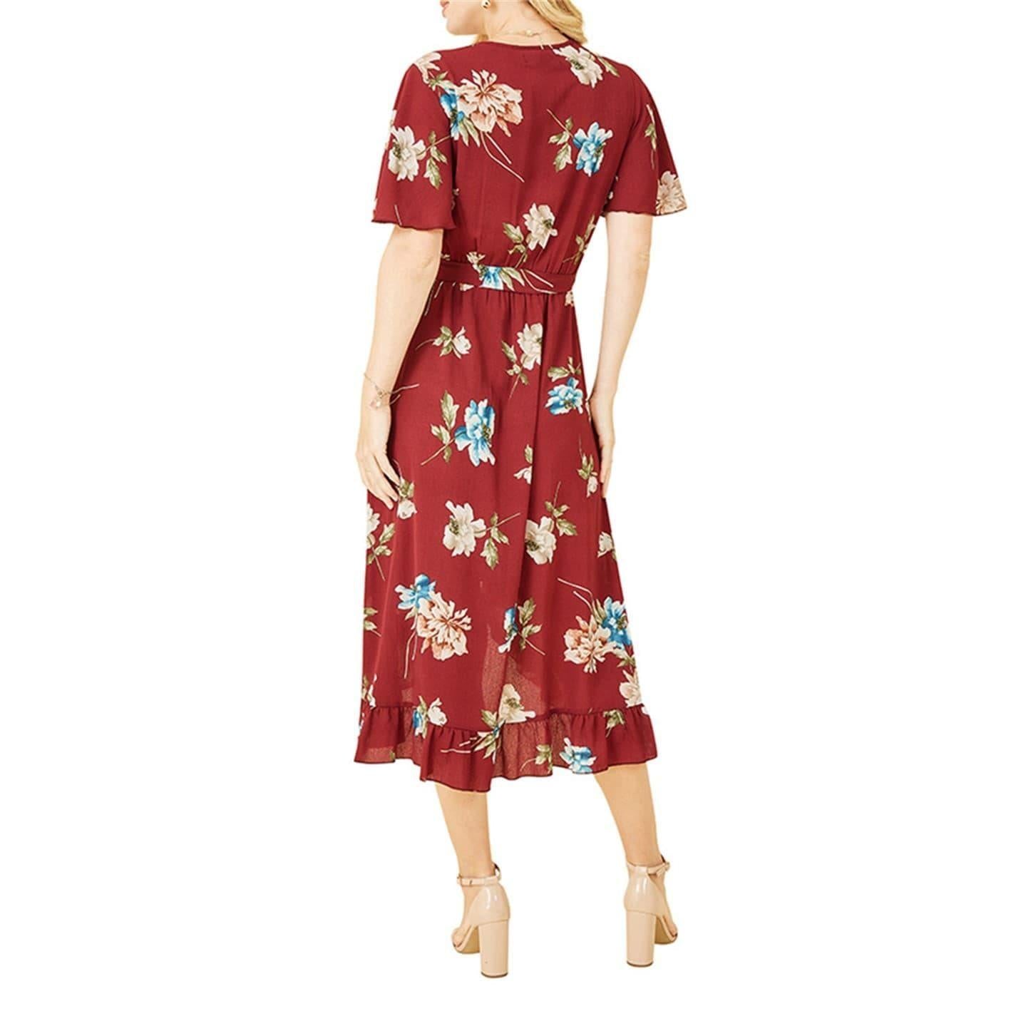 Red - Back - Mela London Womens-Ladies Floral V Neck Wrap Dress