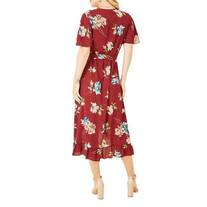 Red - Back - Mela London Womens-Ladies Floral V Neck Wrap Dress