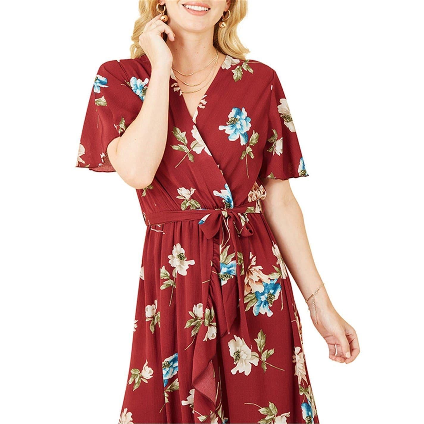 Red - Side - Mela London Womens-Ladies Floral V Neck Wrap Dress