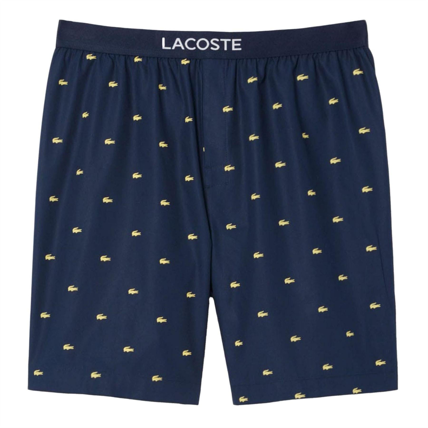 Navy - Front - Lacoste Mens Poplin All-Over Print Pyjama Shorts