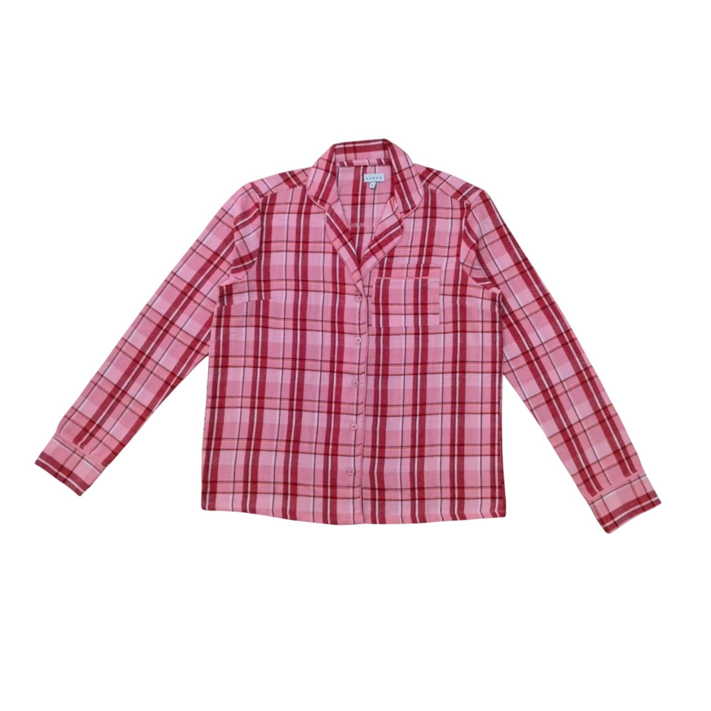 Pink - Back - Linea Womens-Ladies Cotton Checked Button Front Long Pyjama Set (Pack of 1)