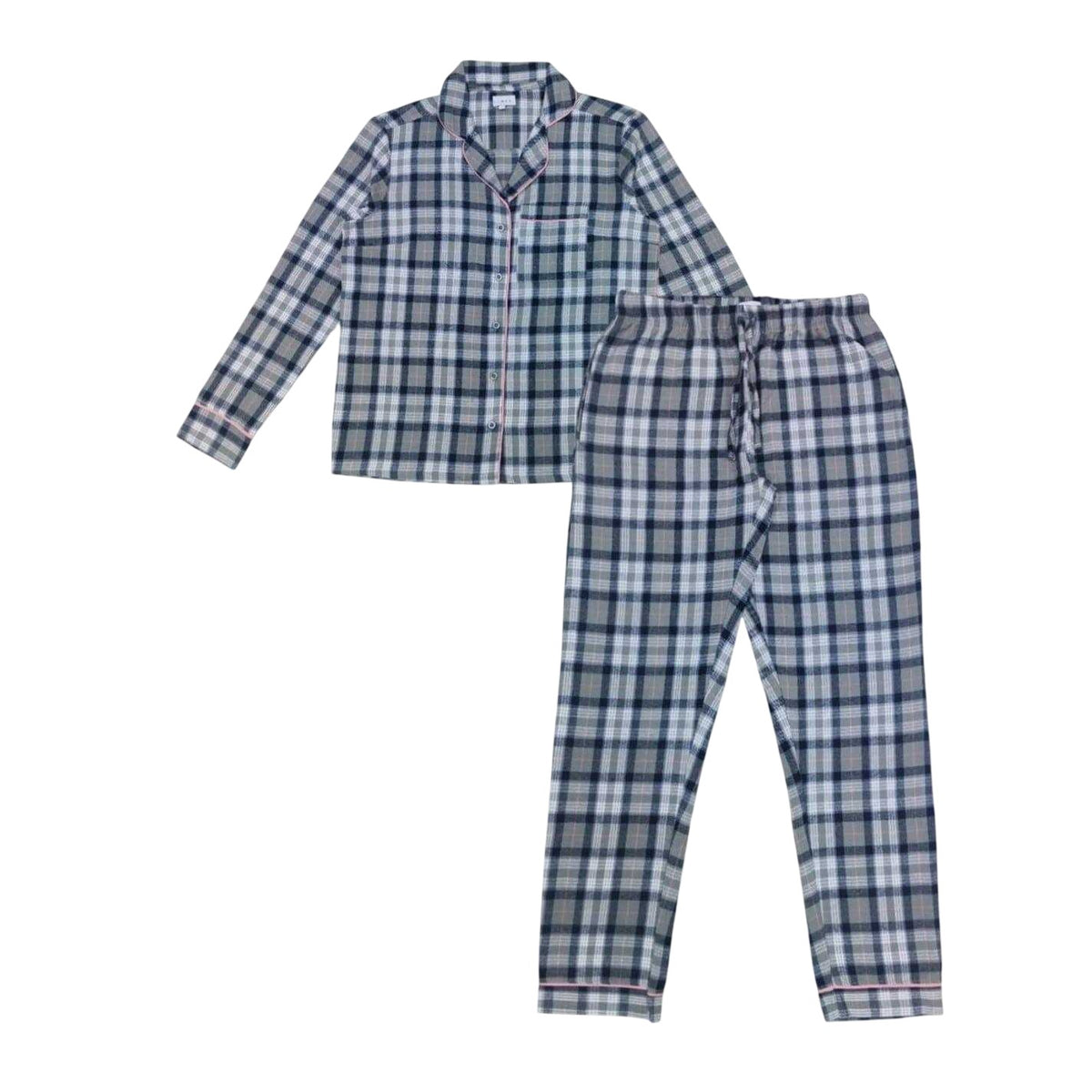 Grey-Pink - Front - Linea Womens-Ladies Cotton Checked Button Front Long Pyjama Set (Pack of 1)