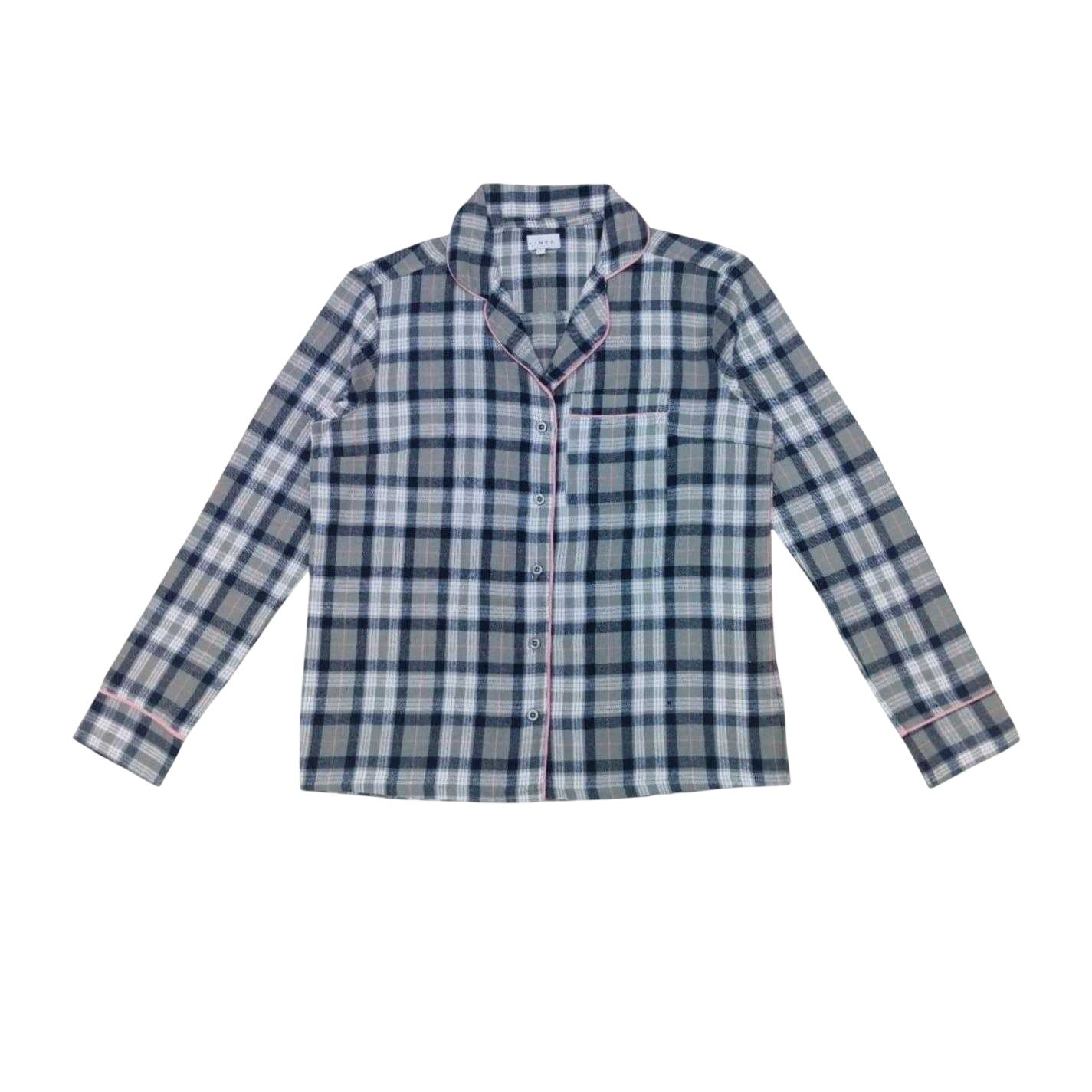 Grey-Pink - Back - Linea Womens-Ladies Cotton Checked Button Front Long Pyjama Set (Pack of 1)